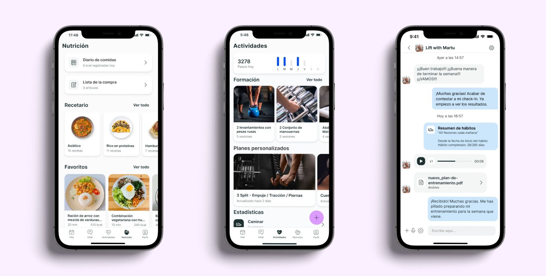 Un mockup de la app de coaching mostrando las diferentes funciones.